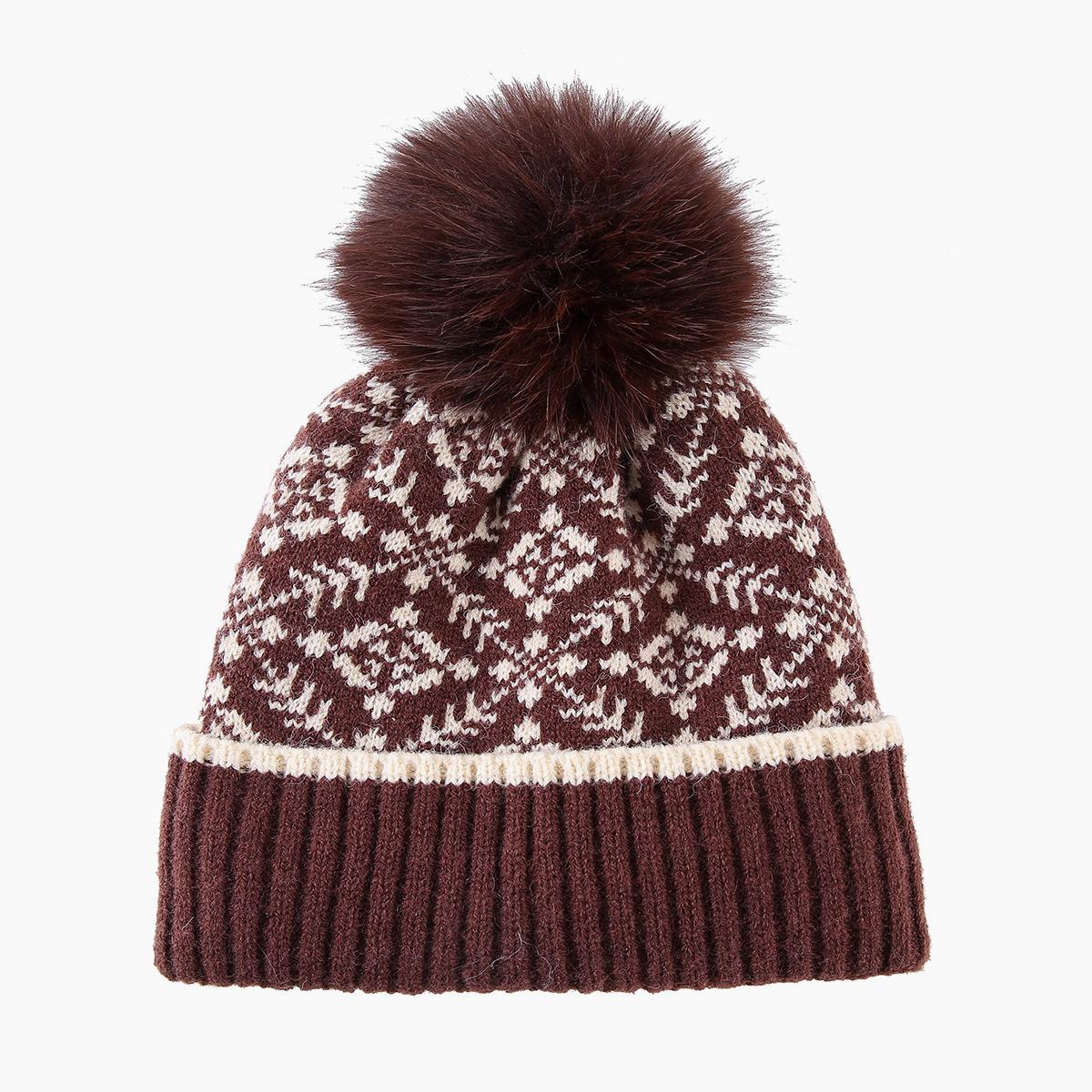 Snowflake Jacquard Pom Pom Beanie with Plush Lining - Coffee