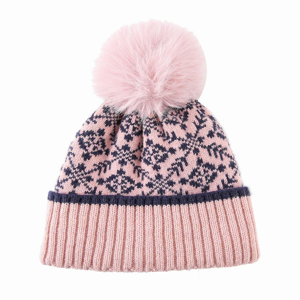 Snowflake Jacquard Pom Pom Beanie with Plush Lining - Pink