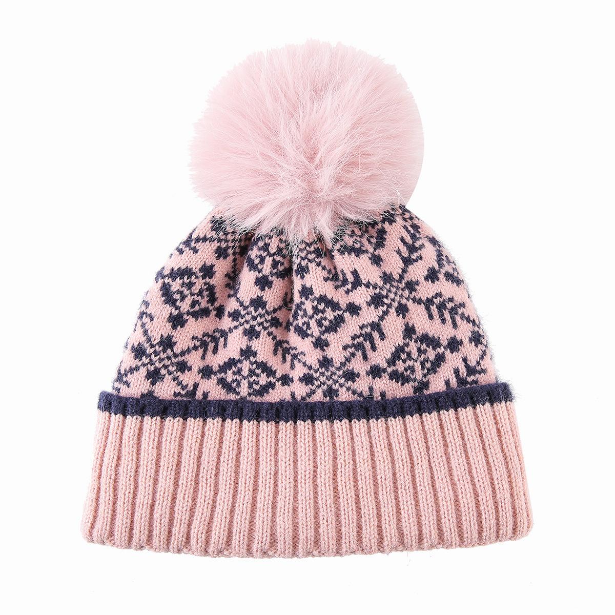 Snowflake Jacquard Pom Pom Beanie with Plush Lining - Pink