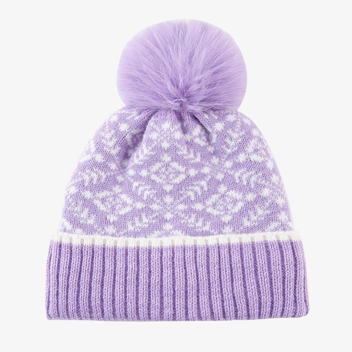 Snowflake Jacquard Pom Pom Beanie with Plush Lining - Purple