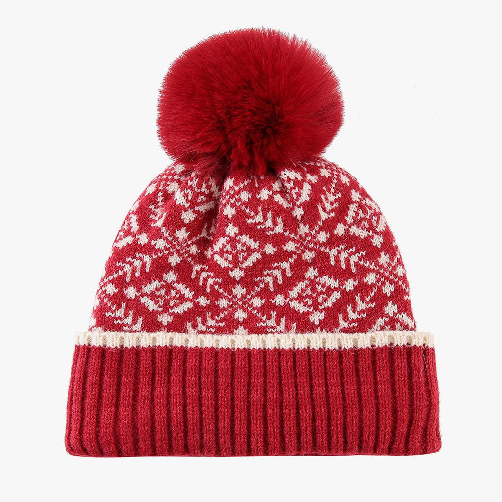 Snowflake Jacquard Pom Pom Beanie with Plush Lining - Red