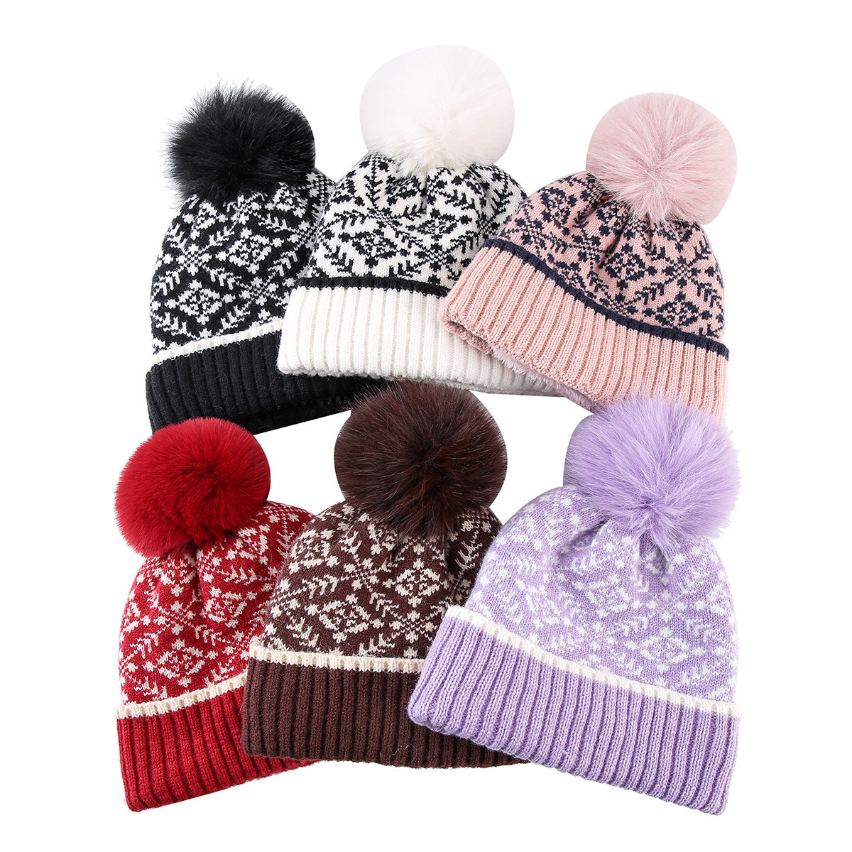 Snowflake Jacquard Pom Pom Beanie with Plush Lining - Red - 1