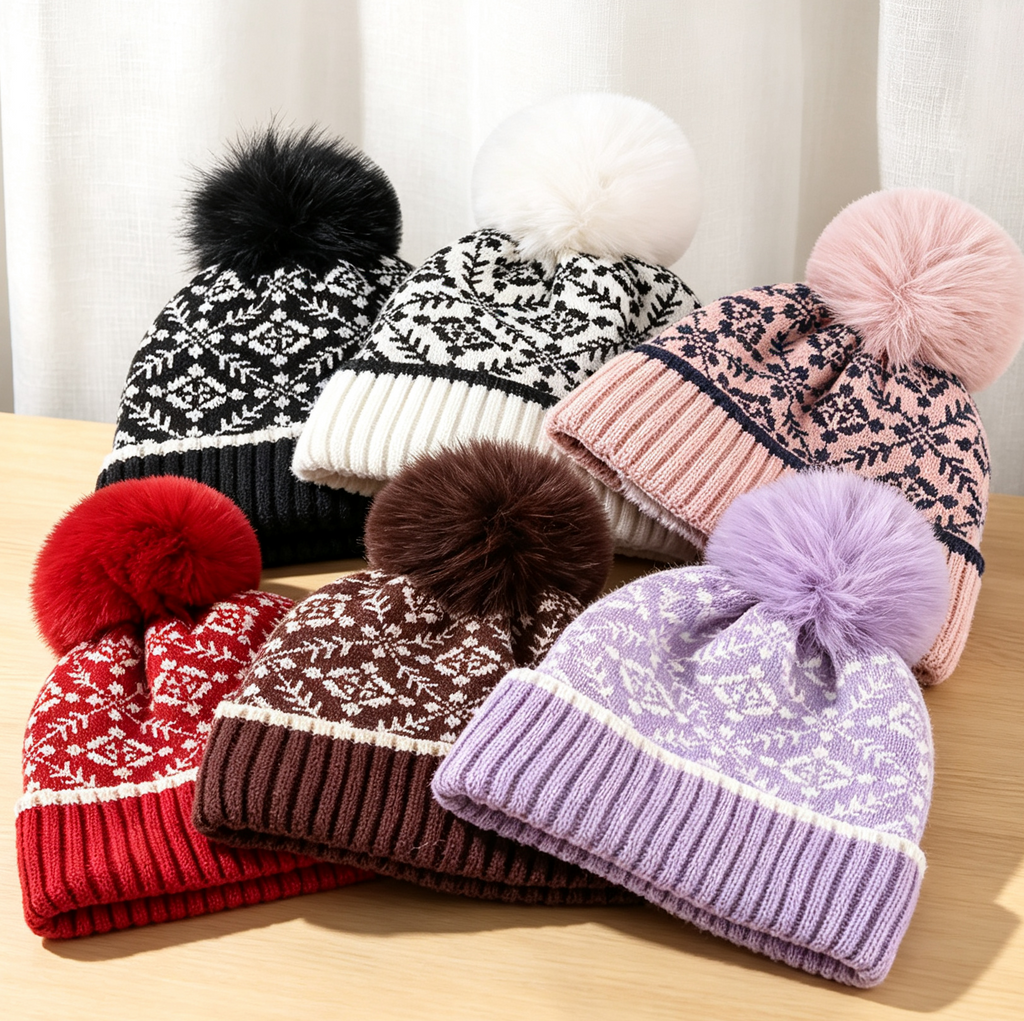 Snowflake Jacquard Pom Pom Beanie with Plush Lining - Red - 2