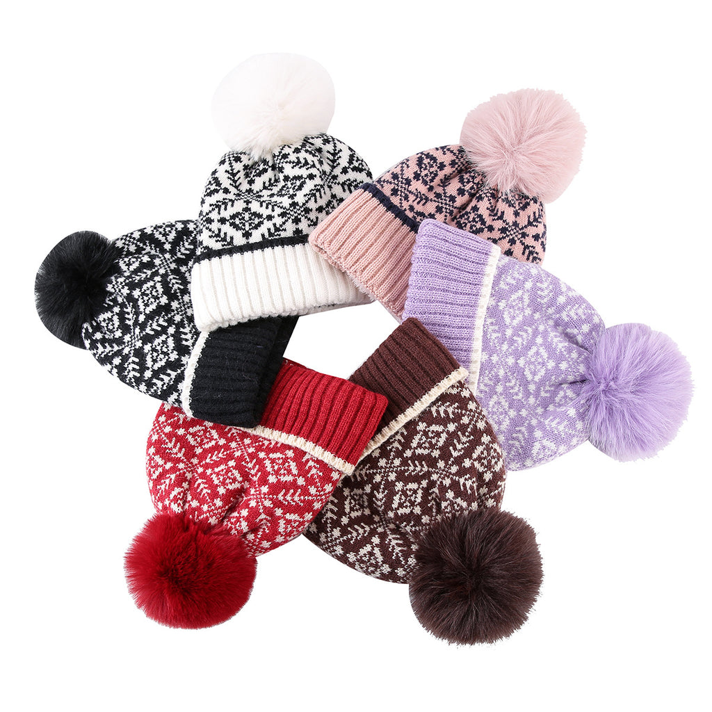 Snowflake Jacquard Pom Pom Beanie with Plush Lining - Red - 3