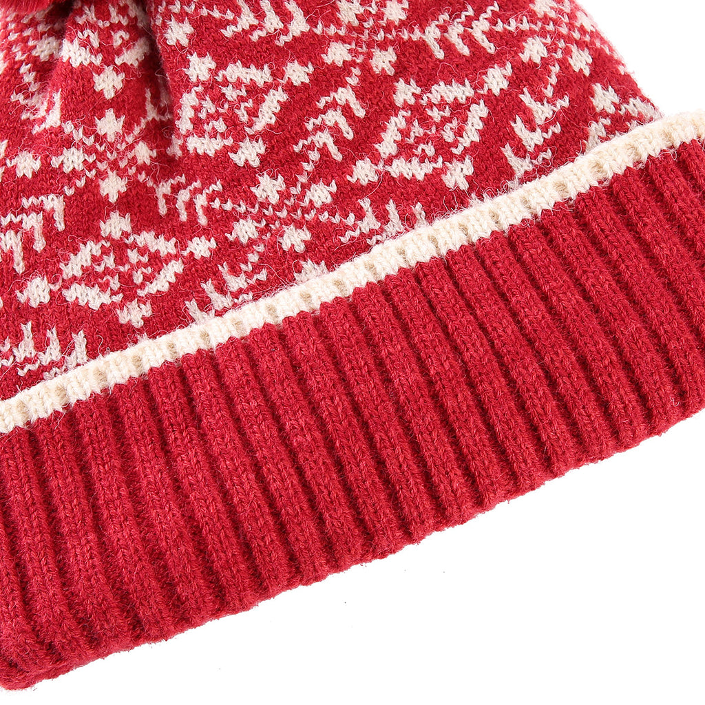 Snowflake Jacquard Pom Pom Beanie with Plush Lining - Red - 4