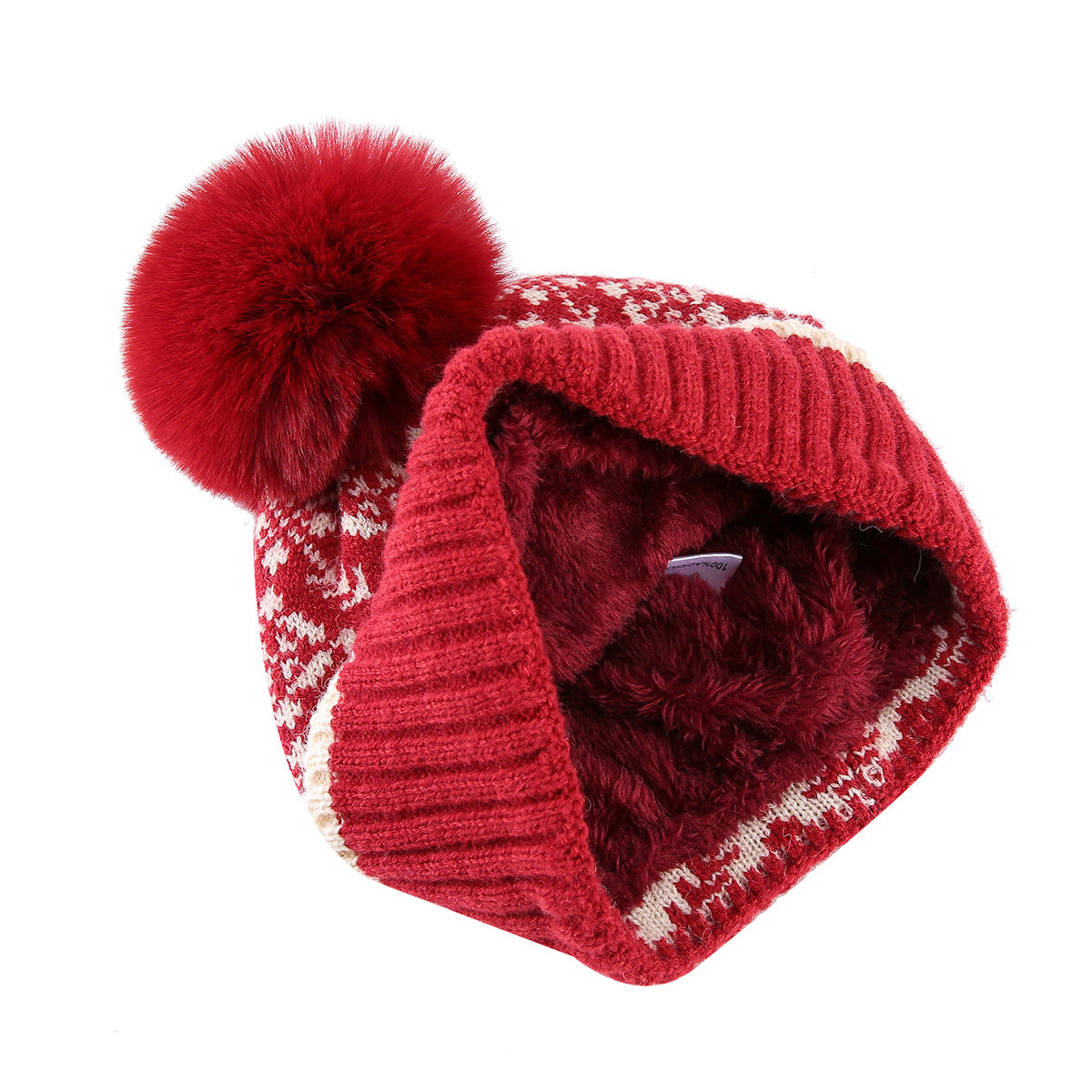 Snowflake Jacquard Pom Pom Beanie with Plush Lining - Red - 5