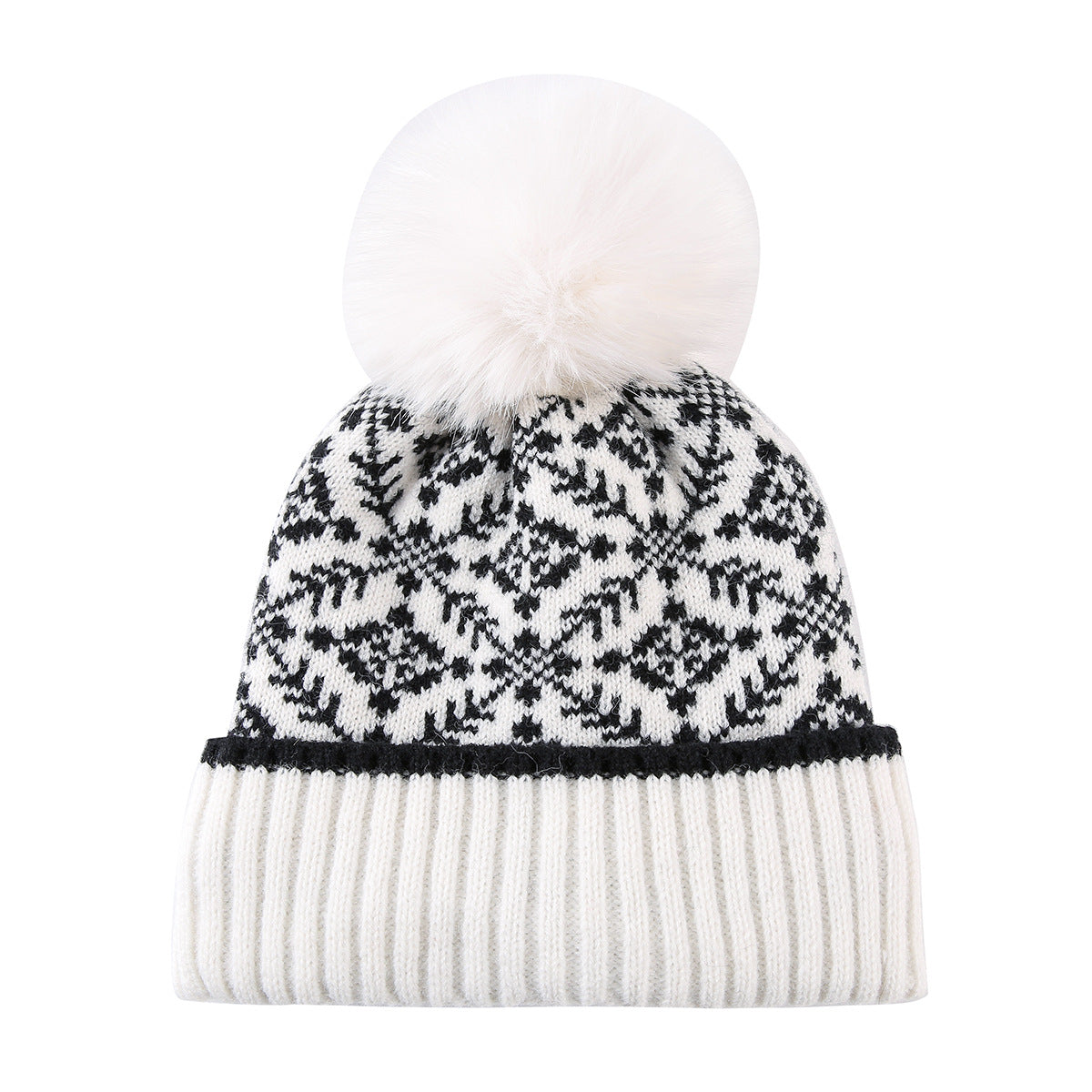 Snowflake Jacquard Pom Pom Beanie with Plush Lining - White