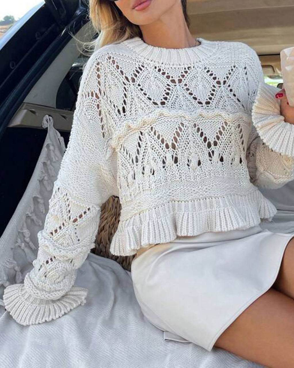 Crochet Pointelle Ruffle Hem Knit Top - White