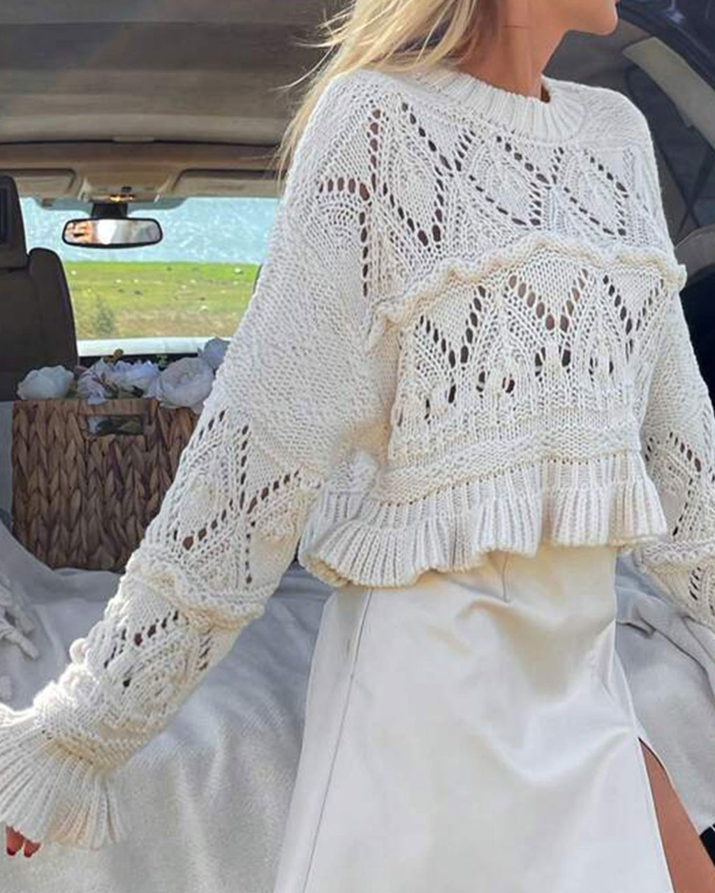 Crochet Pointelle Ruffle Hem Knit Top - White - 2