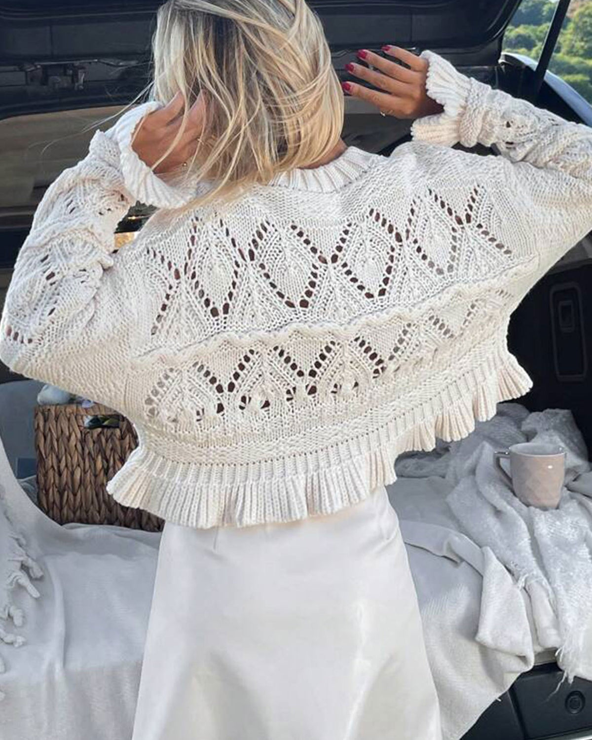 Crochet Pointelle Ruffle Hem Knit Top - White - 3