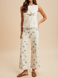 Duck Print Cotton Flare Pants With Seam Detail - Beige