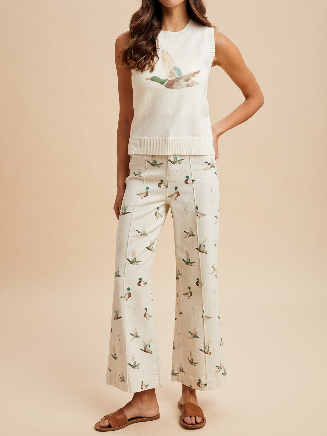 Duck Print Cotton Flare Pants With Seam Detail - Beige