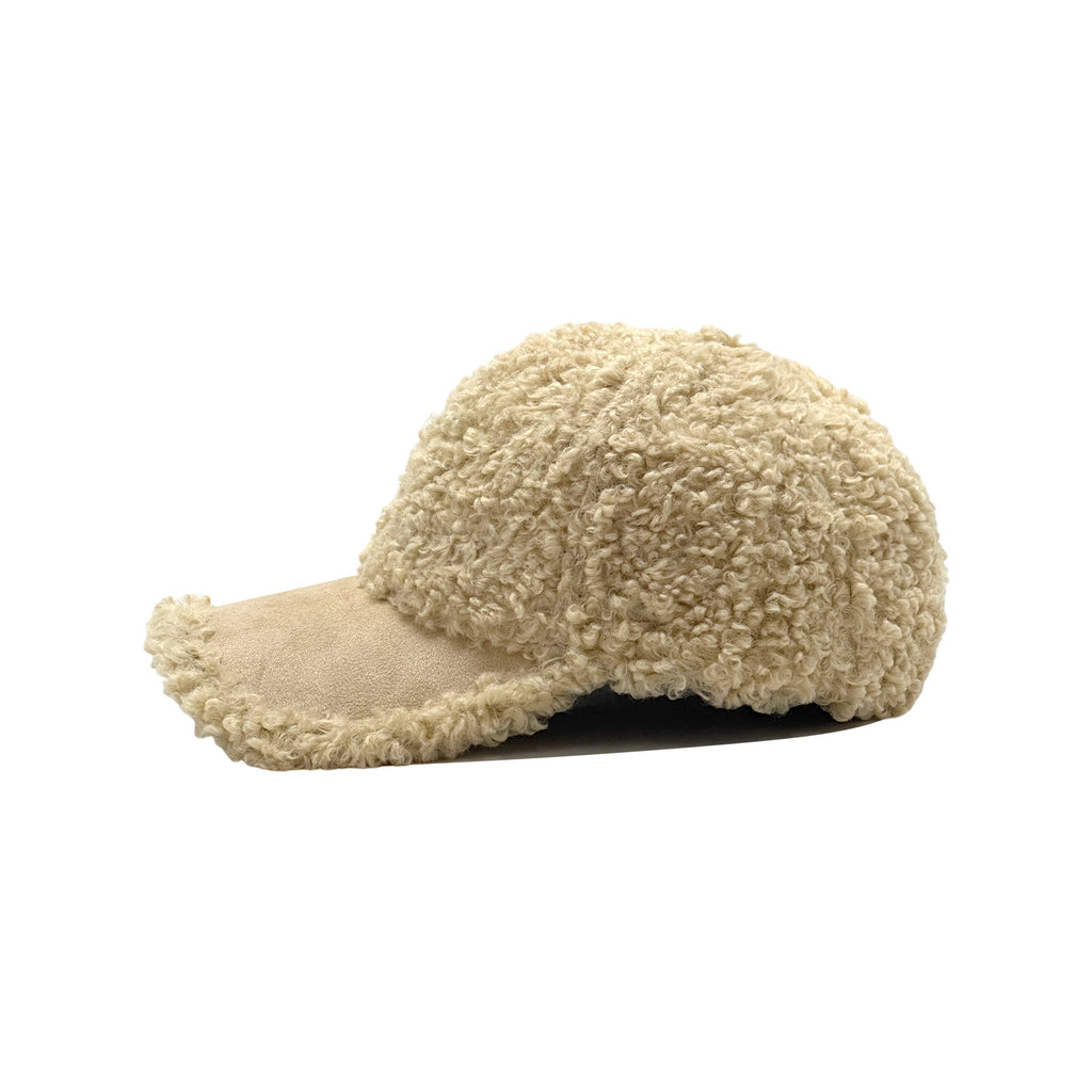 Curly Sherpa Baseball Cap with Suede-Look Brim - Beige - 3
