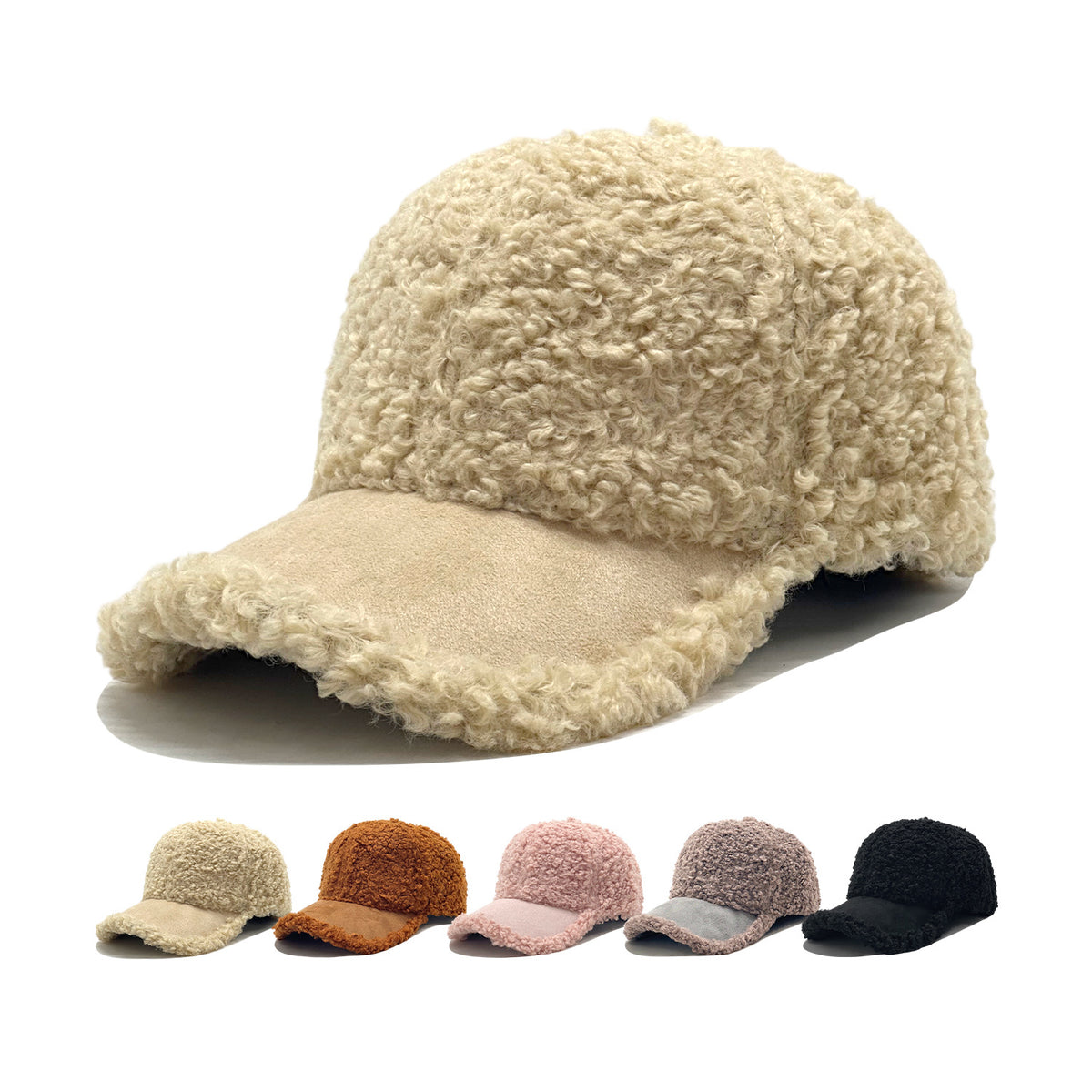 Curly Sherpa Baseball Cap with Suede-Look Brim - Beige - 6