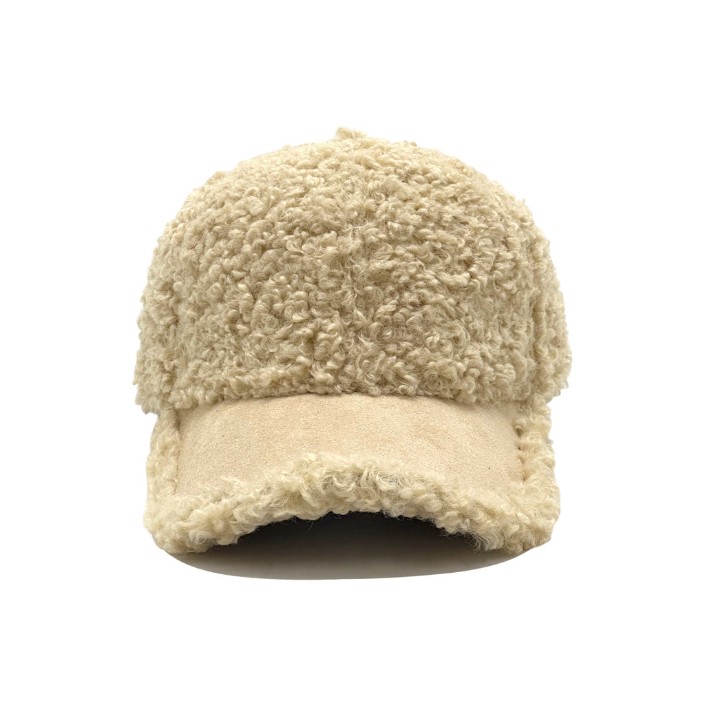 Curly Sherpa Baseball Cap with Suede-Look Brim - Beige - 7