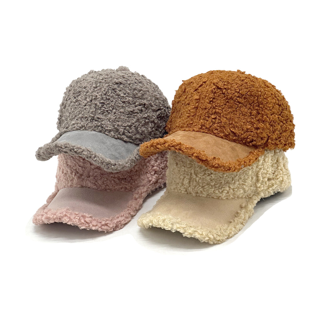 Curly Sherpa Baseball Cap with Suede-Look Brim - Beige - 8