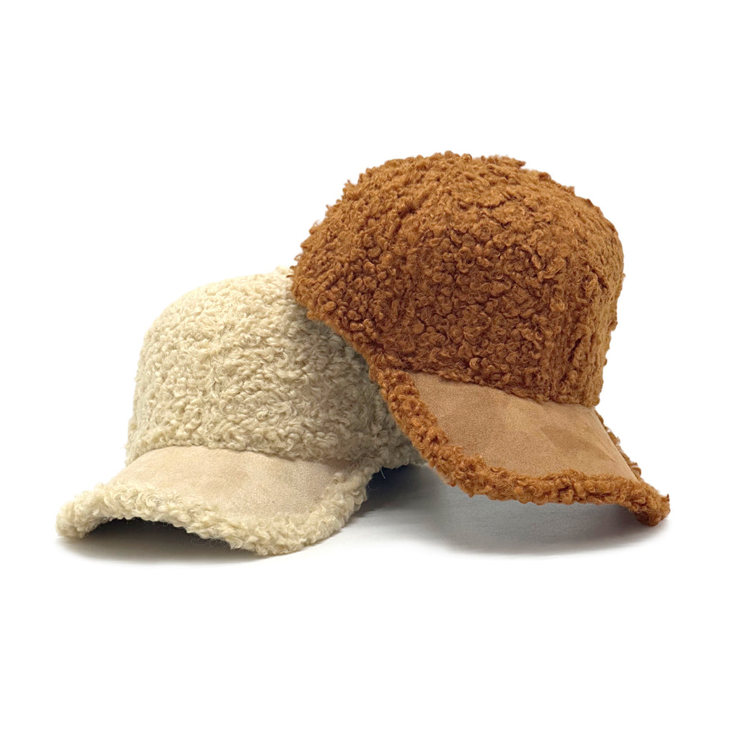 Curly Sherpa Baseball Cap with Suede-Look Brim - Beige - 9