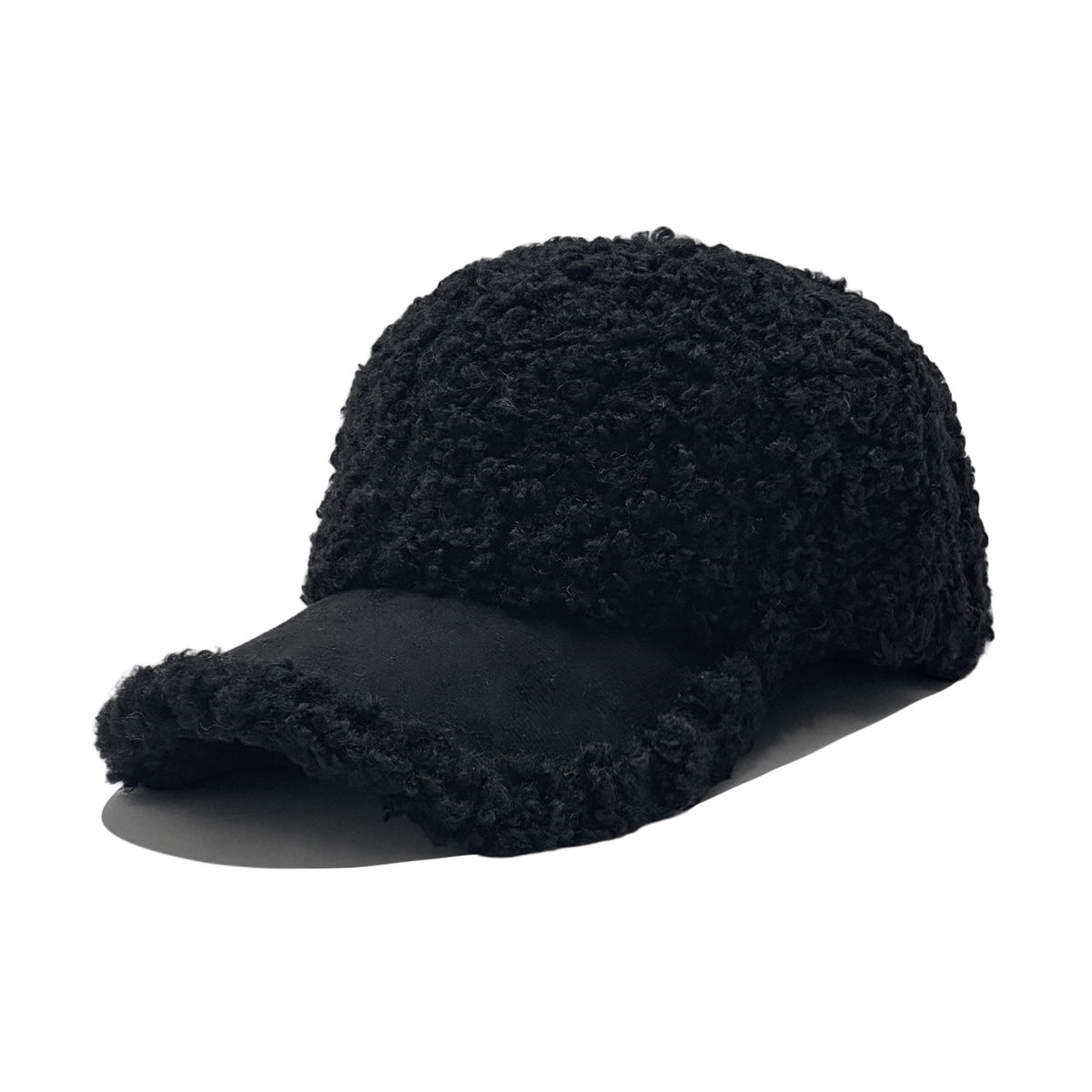 Curly Sherpa Baseball Cap with Suede-Look Brim - Black