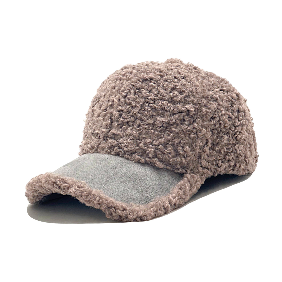 Curly Sherpa Baseball Cap with Suede-Look Brim - Khaki