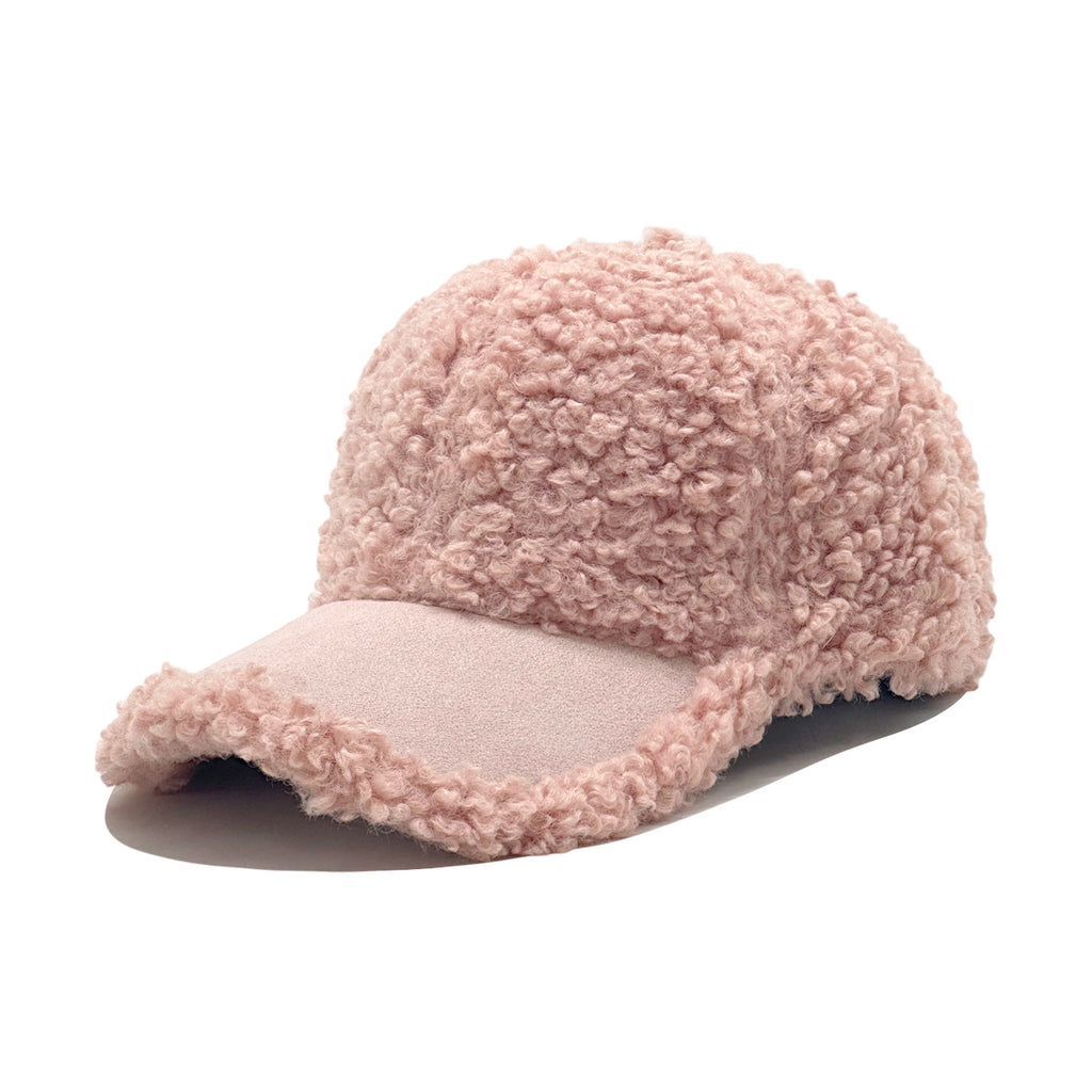 Curly Sherpa Baseball Cap with Suede-Look Brim - Pink