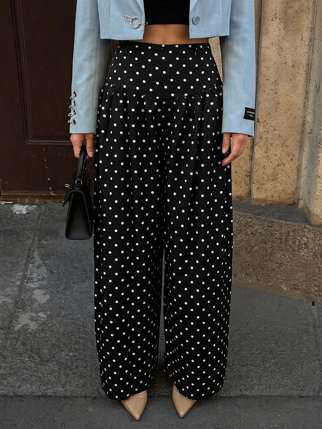 Polka Dot Wide-Leg Pants With Flowy High-Rise Fit - Black