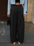 Polka Dot Wide-Leg Pants With Flowy High-Rise Fit - Black