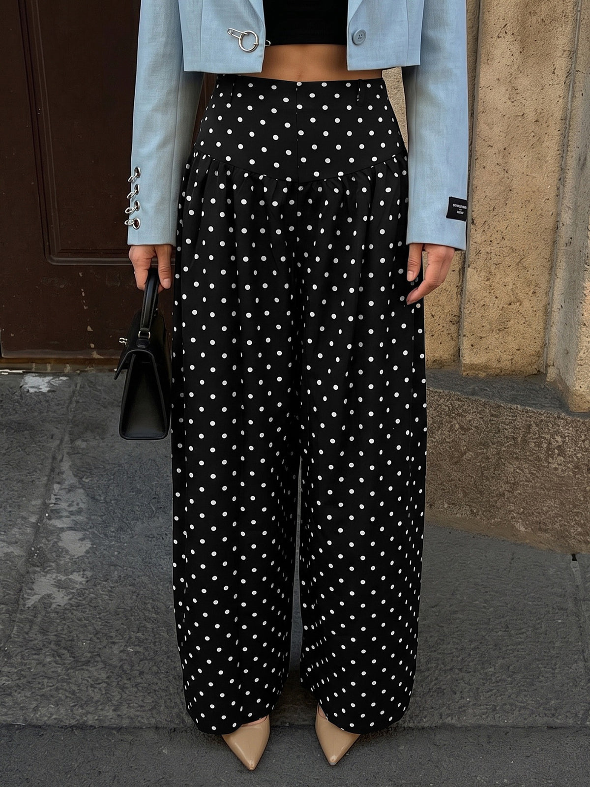 Polka Dot Wide-Leg Pants With Flowy High-Rise Fit - Black
