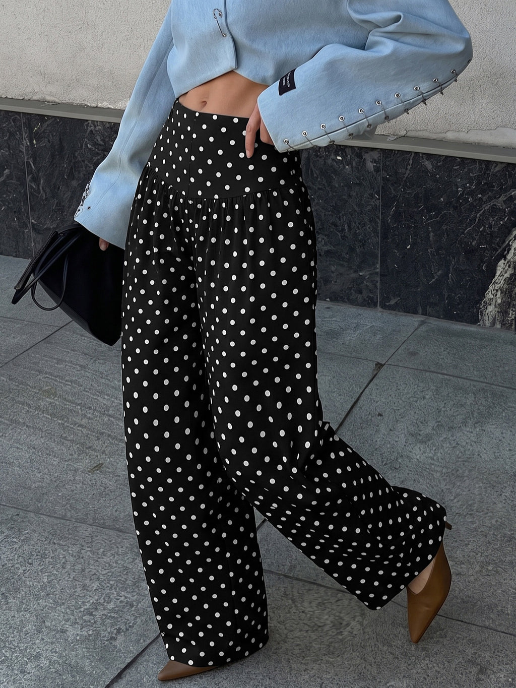 Polka Dot Wide-Leg Pants With Flowy High-Rise Fit - Black - 3
