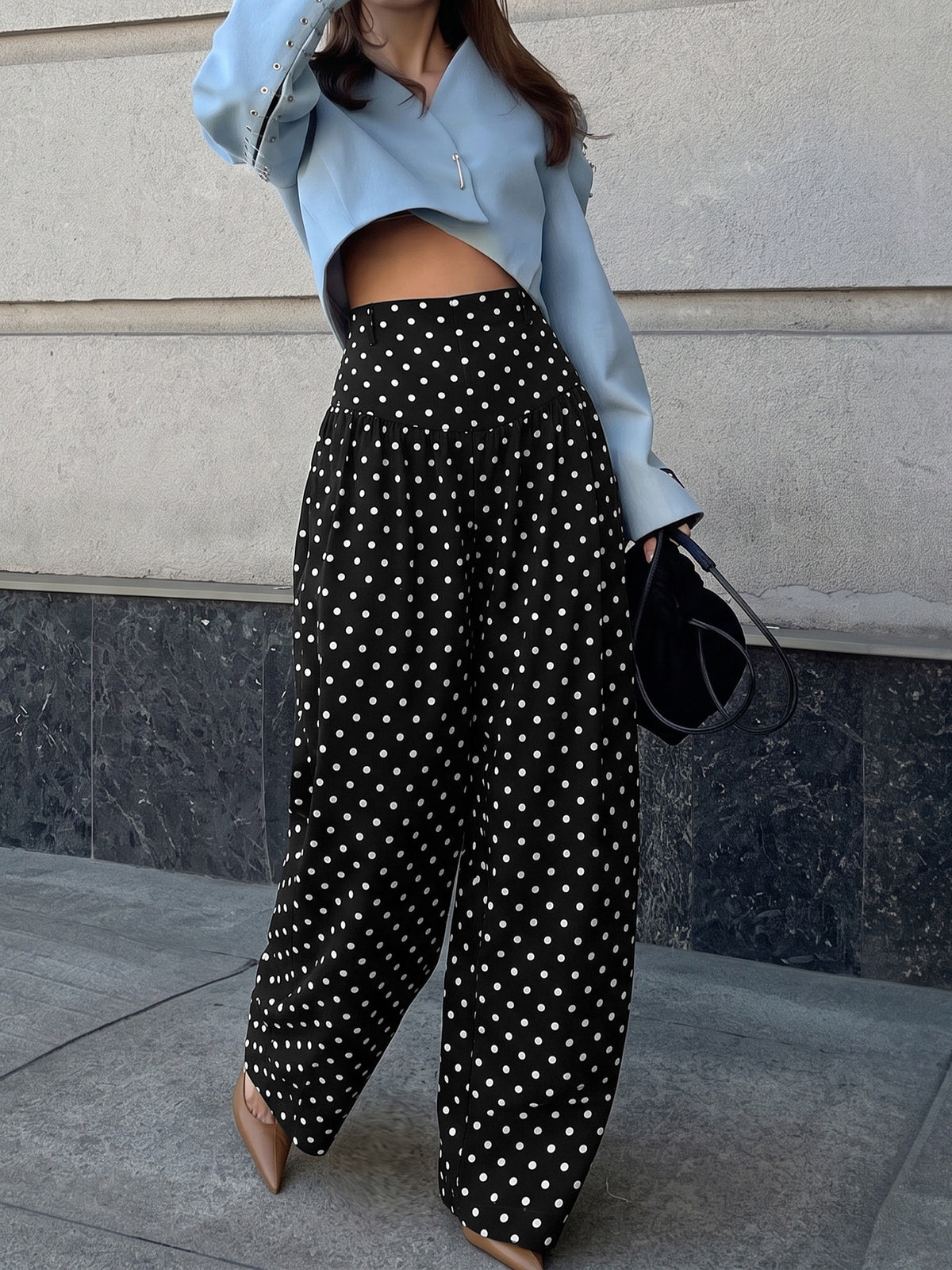 Polka Dot Wide-Leg Pants With Flowy High-Rise Fit - Black - 4