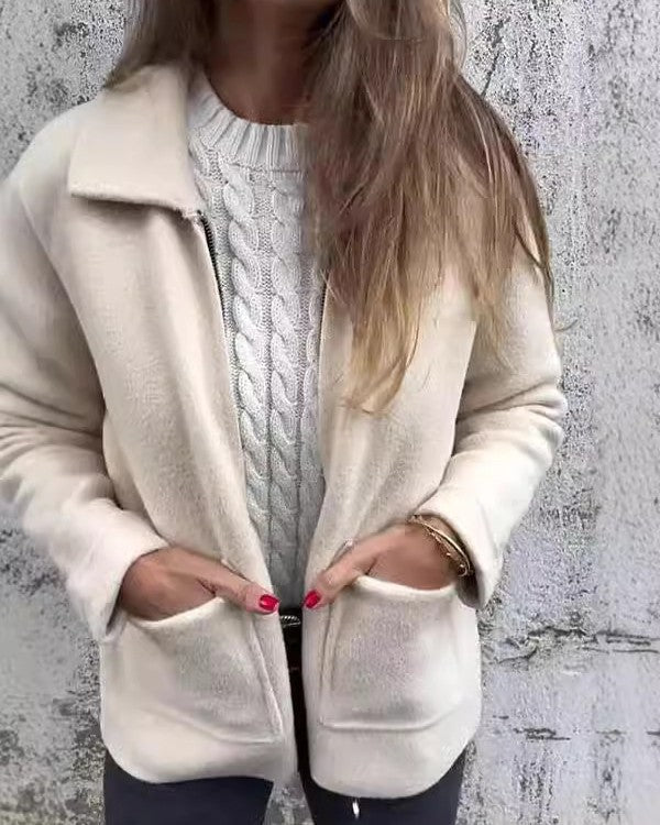 Fleece Lapel Collar Zip Front Jacket - Apricot