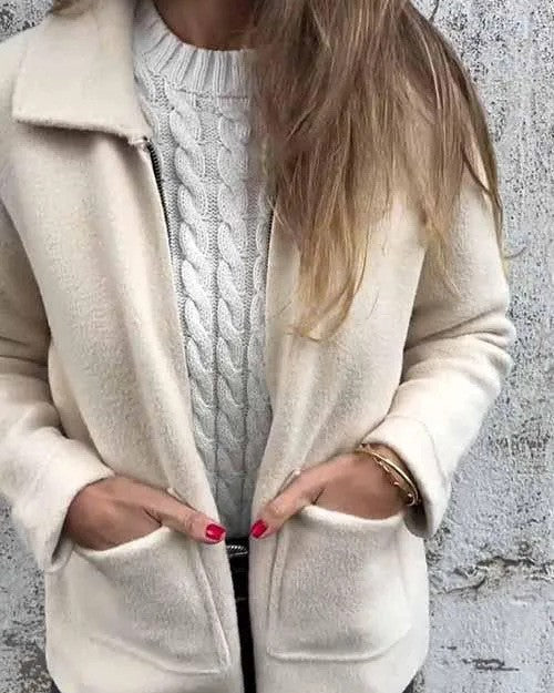Fleece Lapel Collar Zip Front Jacket - Apricot - 1