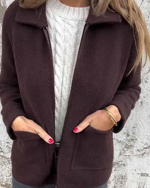 Fleece Lapel Collar Zip Front Jacket - Coffee
