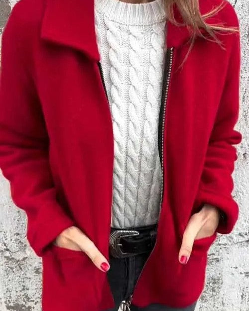Fleece Lapel Collar Zip Front Jacket - Red