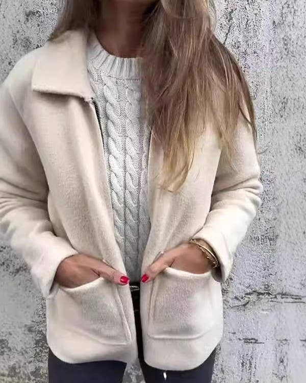 Fleece Lapel Collar Zip Front Jacket