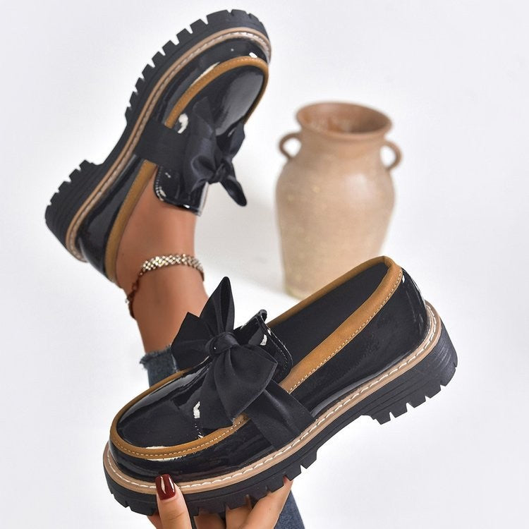 Chunky Bow Patent Platform Loafers - Black
