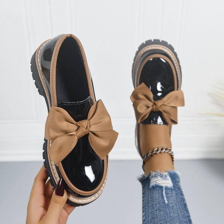 Chunky Bow Patent Platform Loafers - Black Tan