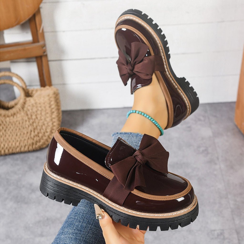 Chunky Bow Patent Platform Loafers - Brown