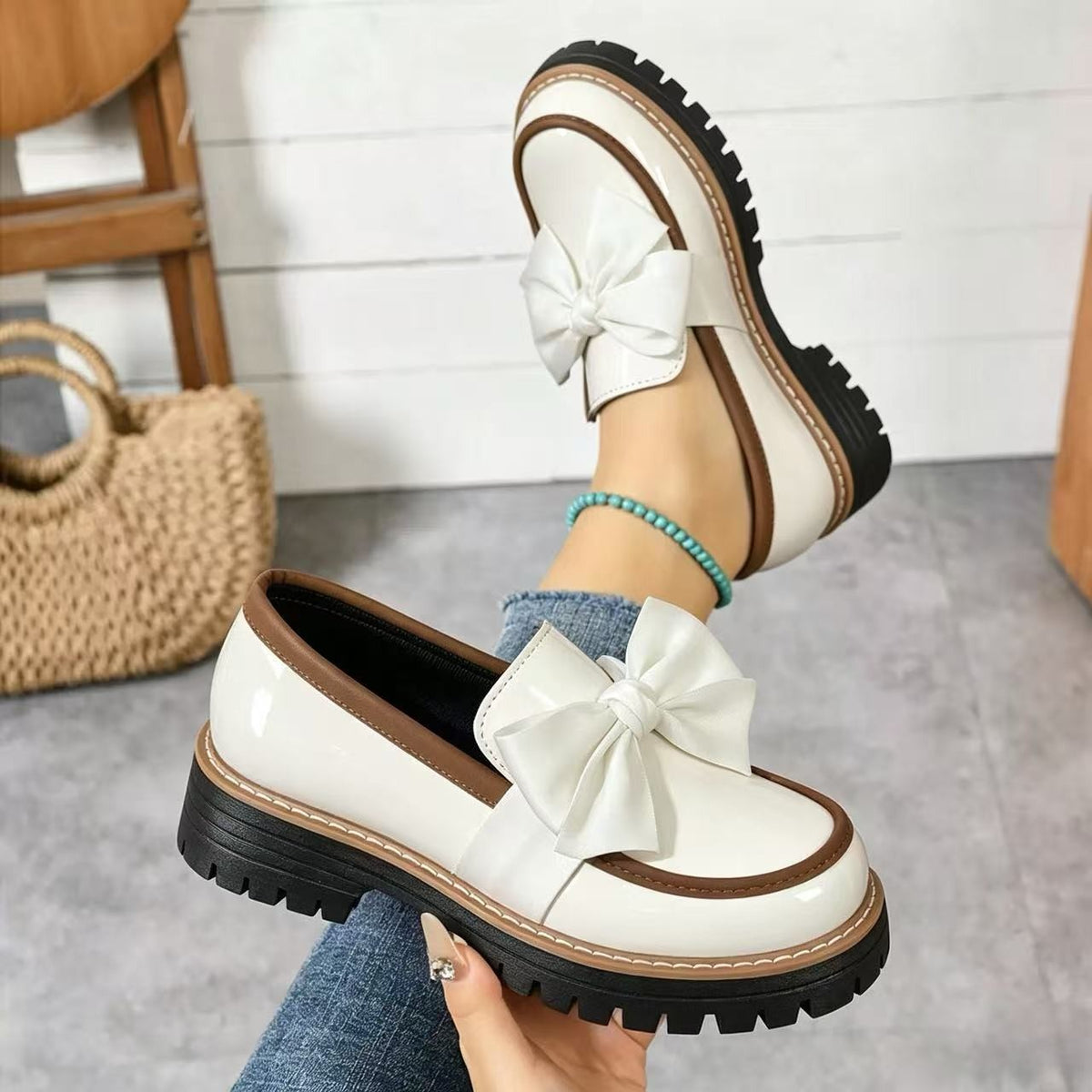 Chunky Bow Patent Platform Loafers - White