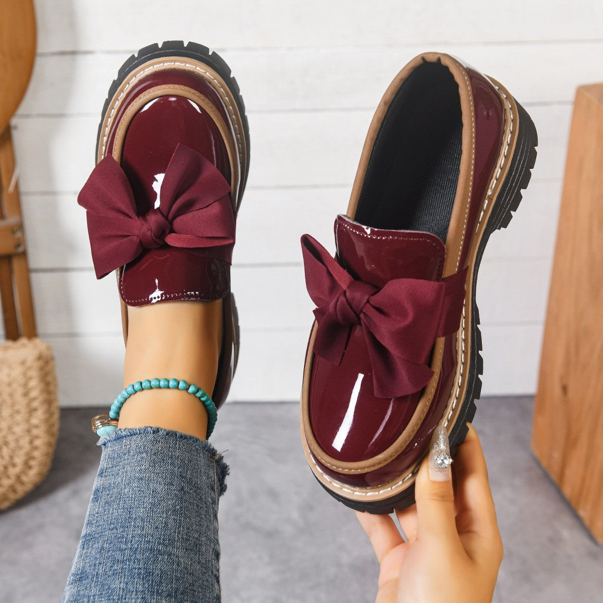 Chunky Bow Patent Platform Loafers
