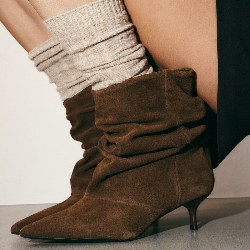 Slouchy Pointed Toe Kitten Heel Ankle Boots