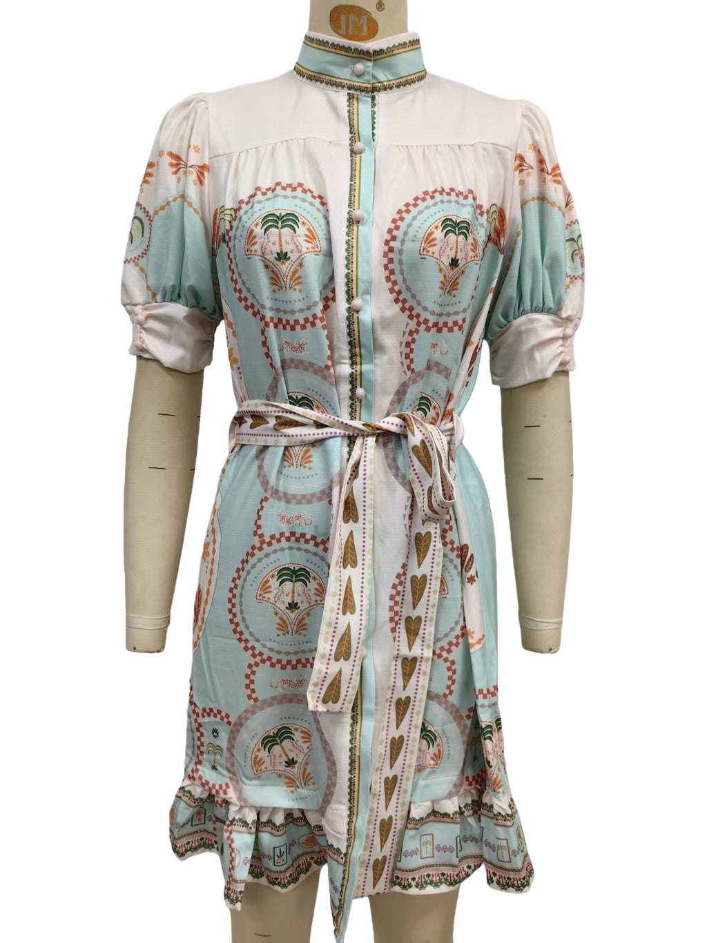 Medallion Print Belted Mini Shirt Dress - Beige - 1