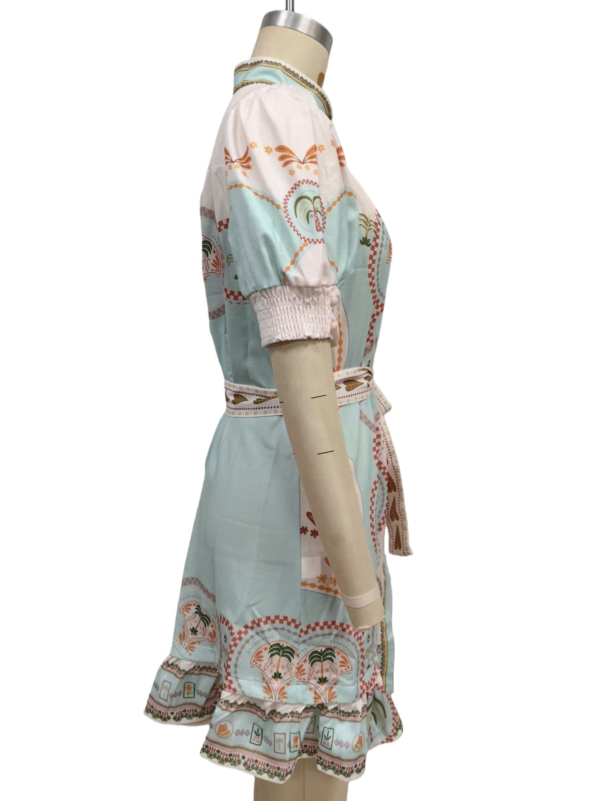 Medallion Print Belted Mini Shirt Dress - Beige - 2
