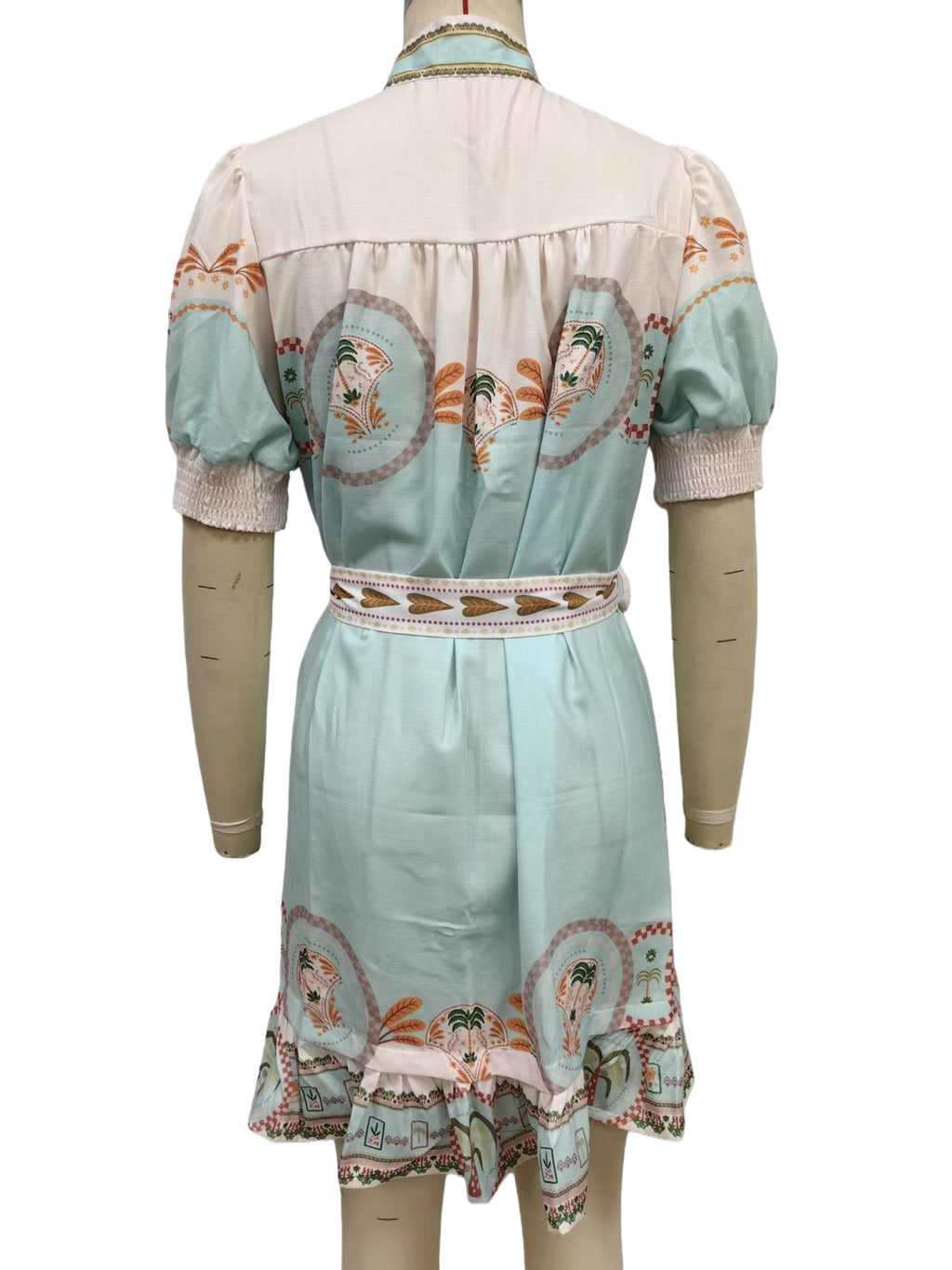 Medallion Print Belted Mini Shirt Dress - Beige - 3