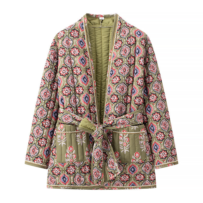 Medallion Print Quilted Belted Kimono - Floral