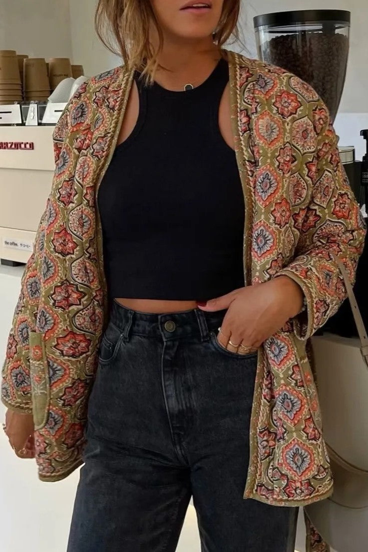 Medallion Print Quilted Belted Kimono - Floral - 12