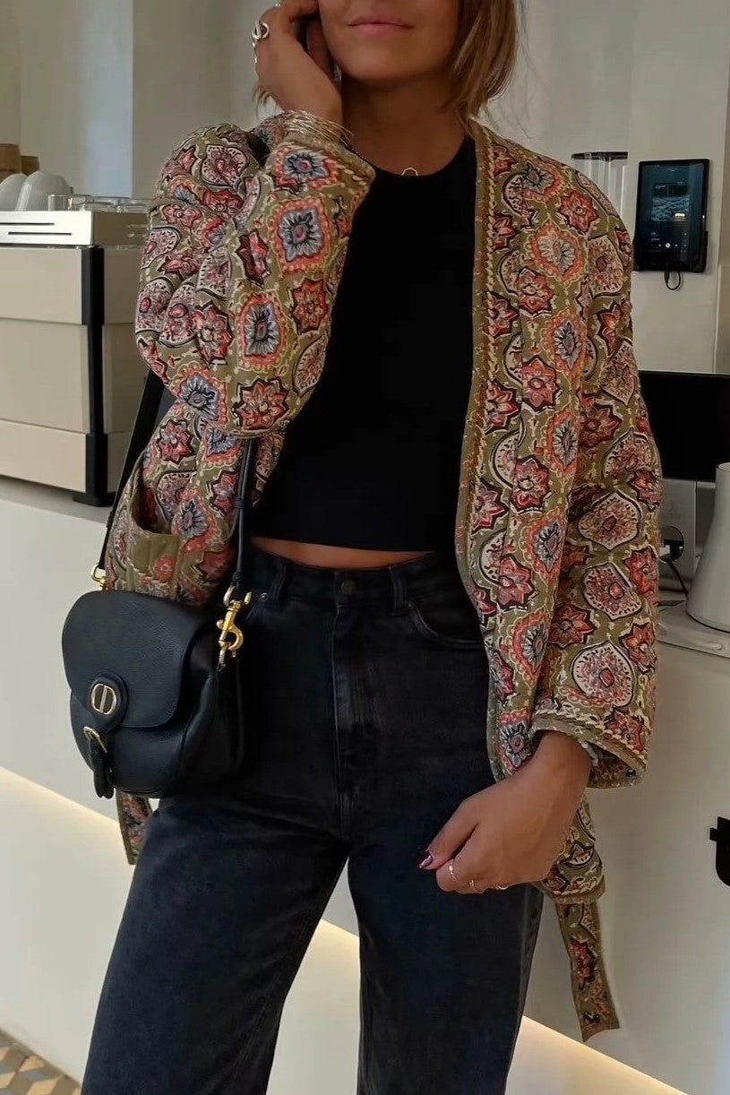 Medallion Print Quilted Belted Kimono - Floral - 14