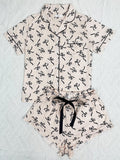 Bow Print Short Sleeve Pajama Set - Pink