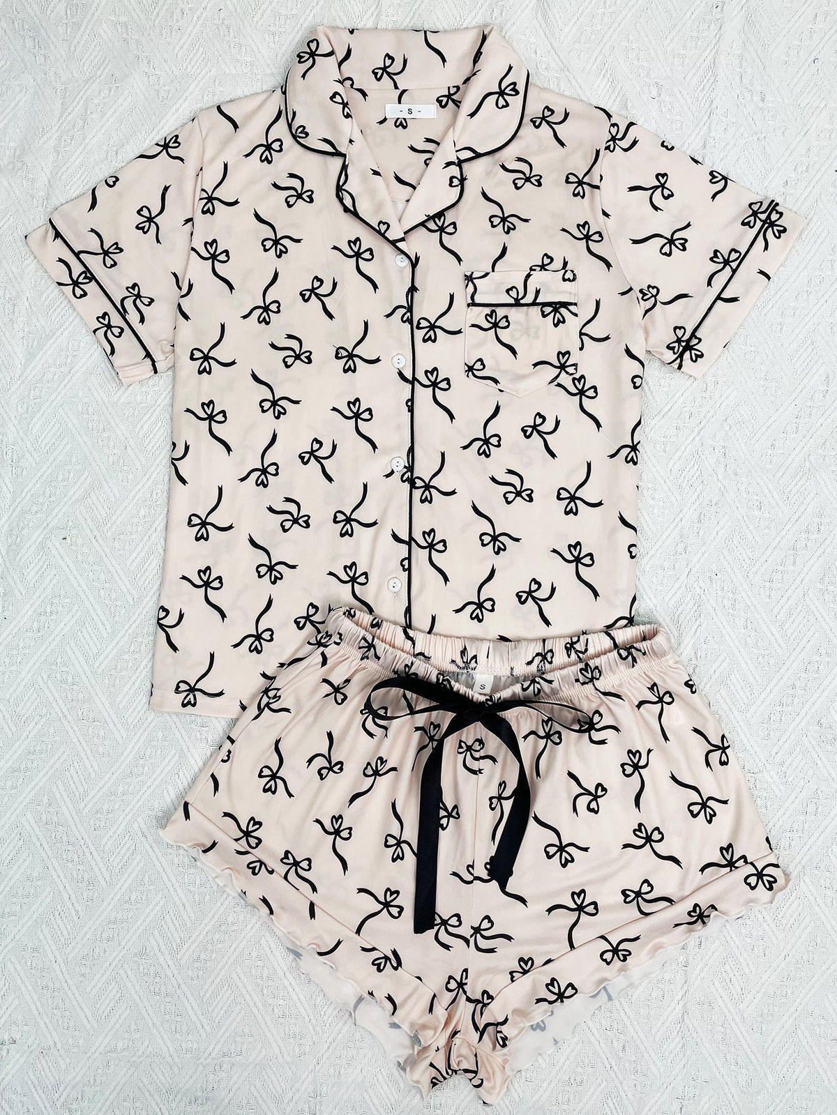 Bow Print Short Sleeve Pajama Set - Pink