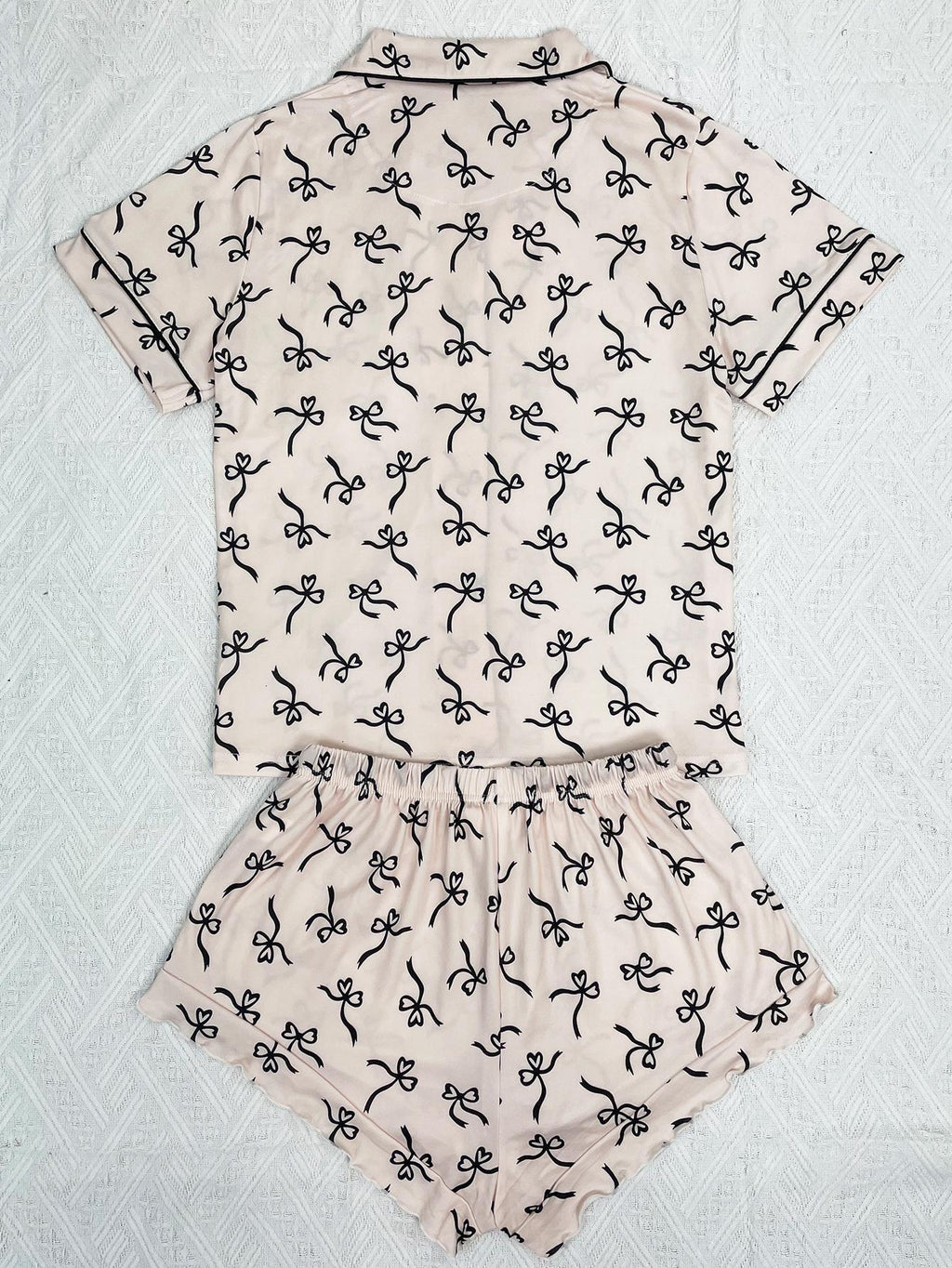 Bow Print Short Sleeve Pajama Set - Pink - 1