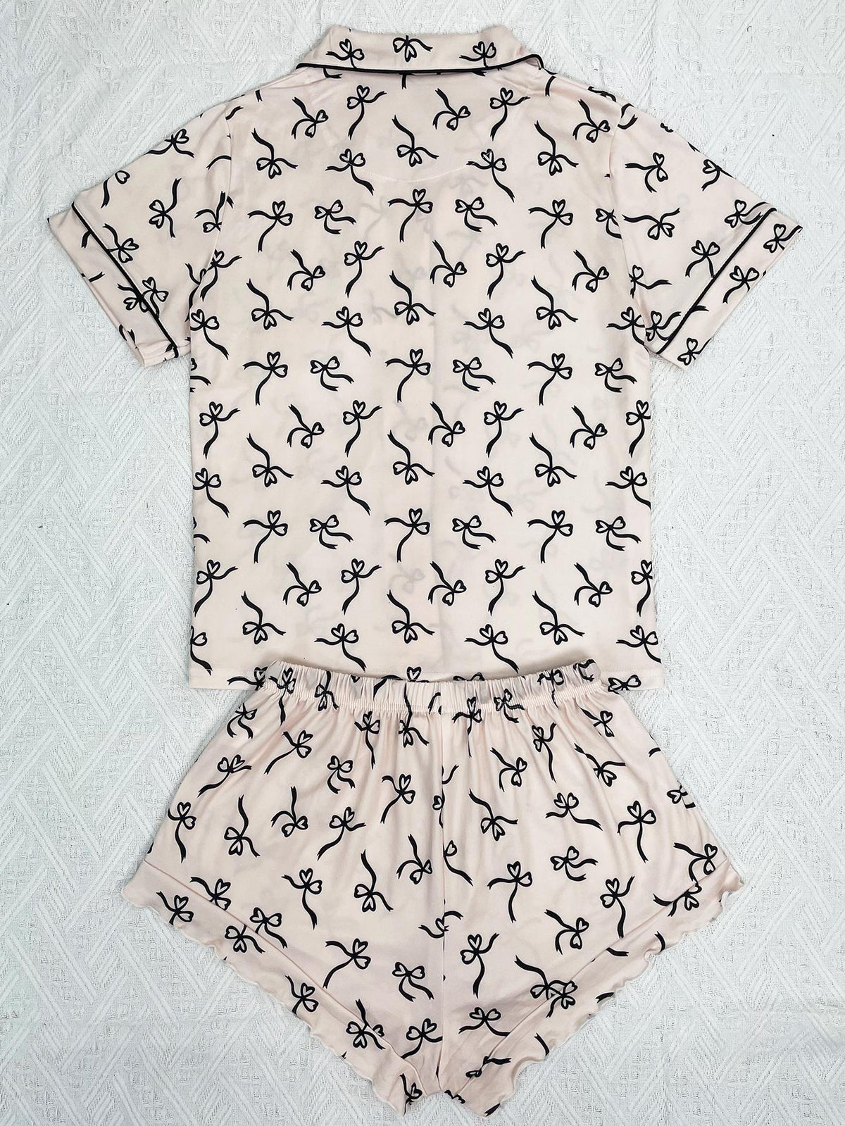 Bow Print Short Sleeve Pajama Set - Pink - 1